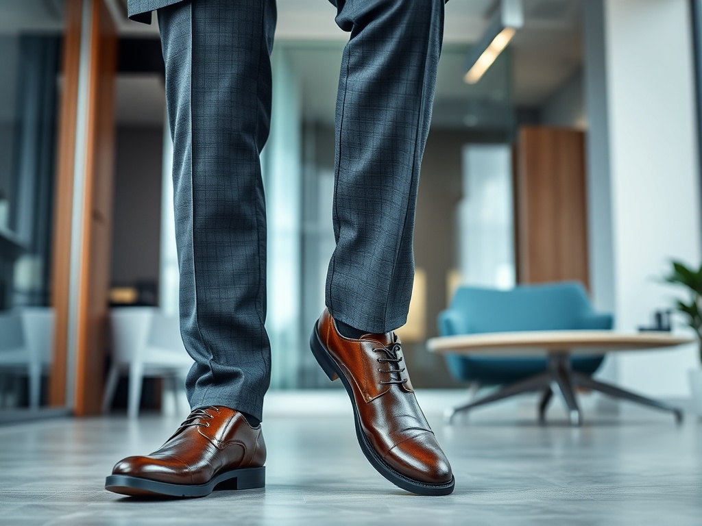 Un bărbat îmbrăcat într-un costum gri își arată pantofii eleganți maro pe podeaua unei birouri moderne.