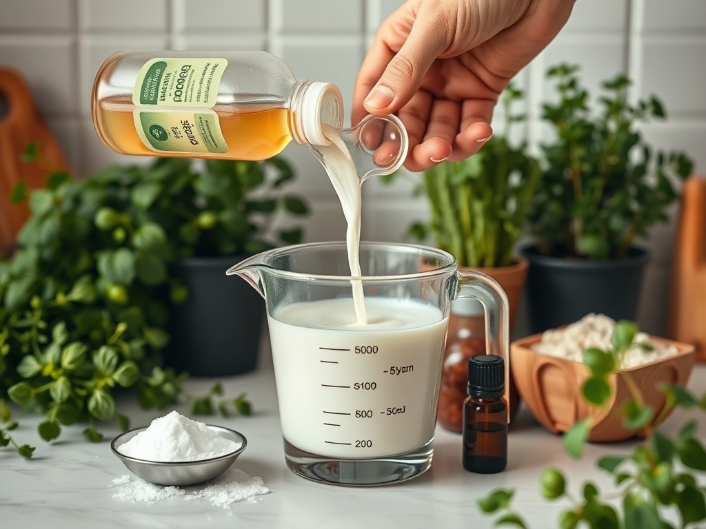 O mână toarnă lapte într-un pahar de măsurare, înconjurat de plante și ingrediente.