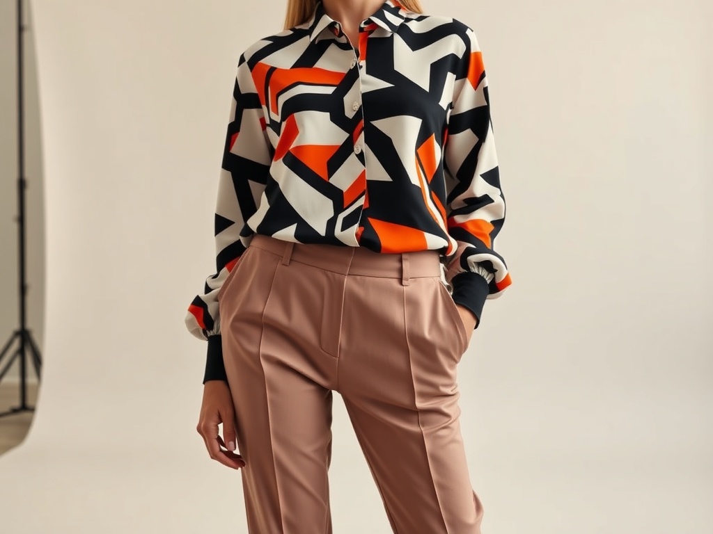 O femeie poartă o cămașă cu un model geometric în culori vibrante și pantaloni roz într-un studio foto.