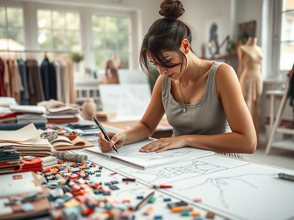 O tânără artistă desenează cu concentrare într-un studio plin de materiale de design și schițe.