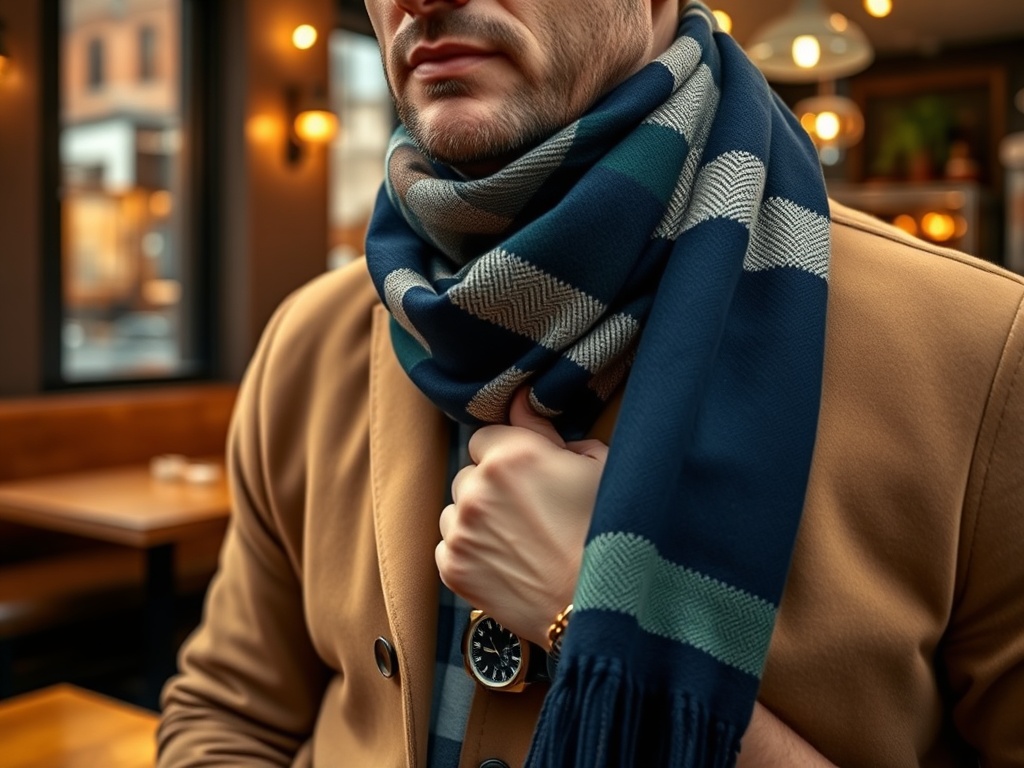 Bărbat îmbrăcat elegant, cu o eșarfă albastră cu dungi, stând într-un ambient modern de cafea.