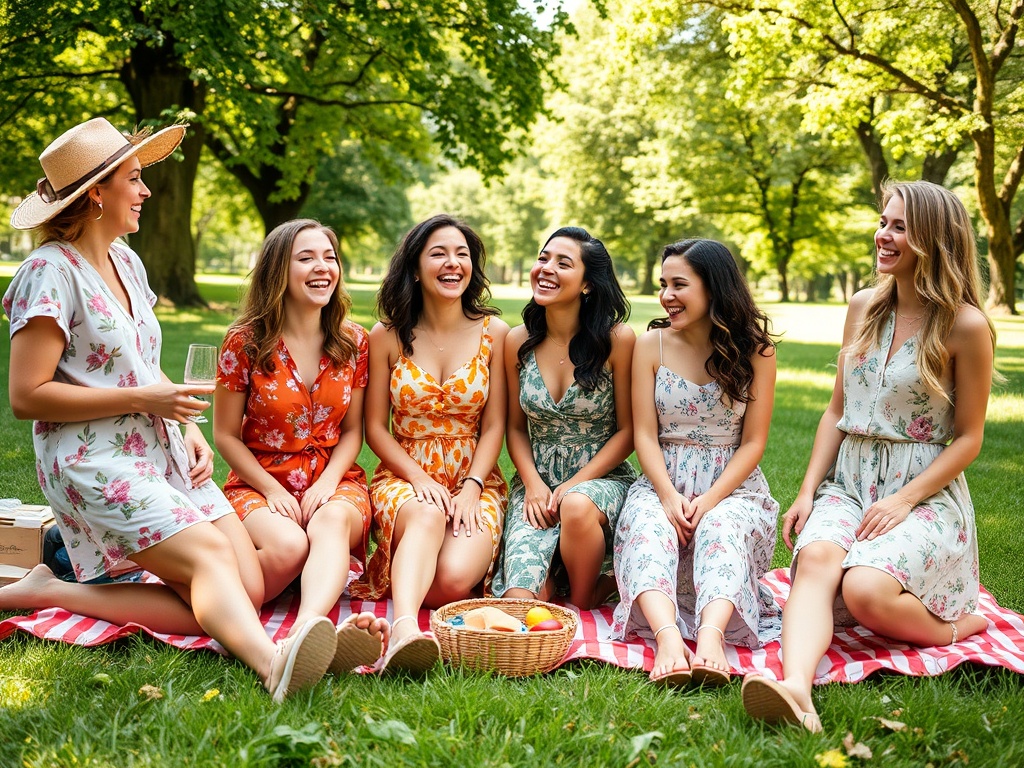 Șase prietene se bucură de un picnic într-un parc, râzând și purtând rochii colorate. Soare și veselie.