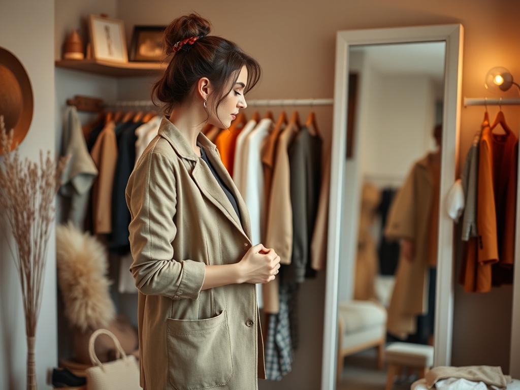 O femeie stând în fața unei oglinzi, admirându-se în haine elegante, într-un dressing bine organizat.