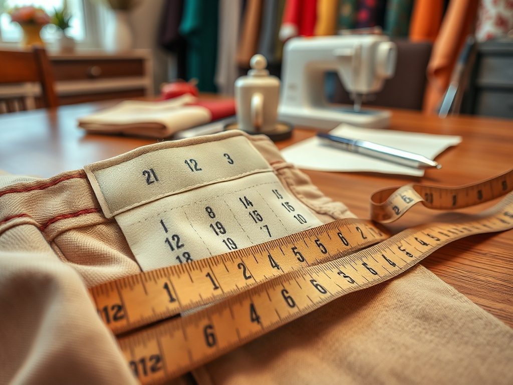 Imaginea prezintă un material textil cu etichete de dimensiuni și un metru de măsurat pe o masă de cusut.
