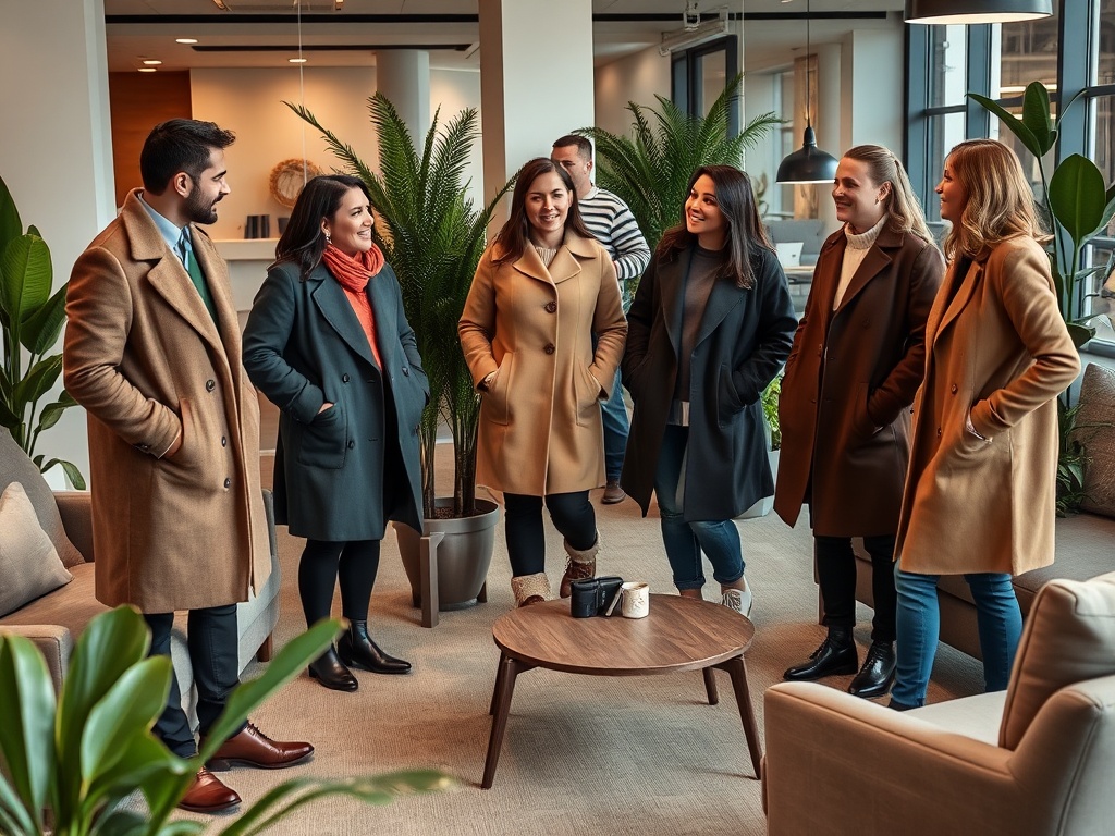 Un grup de șase persoane discută într-un birou modern, purtând paltoane elegante. Plante verzi în jur.