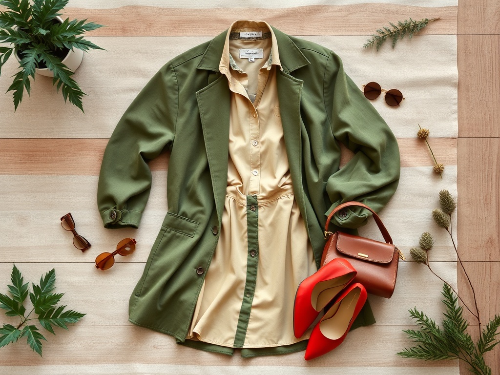 Îmbrăcăminte elegantă: sacou verde, rochie bej, pantofi roșii și geantă maro, aranjate artistic pe un fundal neutru.